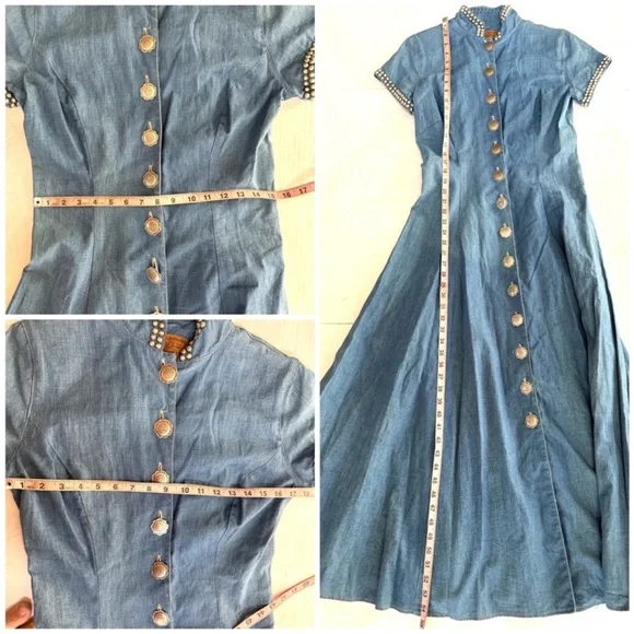 DOUBLE D RANCH Vintage Chambray Denim MaxiDress Duster Silver Concho Studs Sz S - Picture 12 of 13